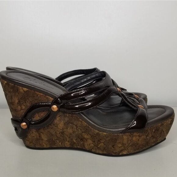 Cole Haan‎ Women's Brown Patent Leather Wedge Cork Heel Sandals Size 6 - Picture 3 of 13